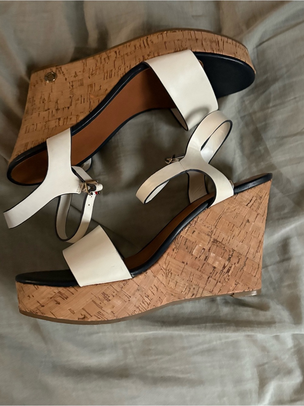 DSW White Leather Cork Wedge Sandals with Ankle Strap